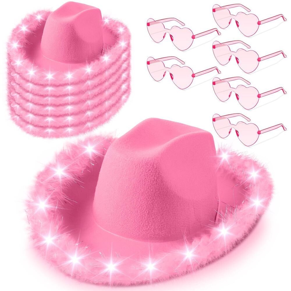 7442 6 Pieces Cowgirl Light Up Hat With Feather Boa, Heart Sunglasses